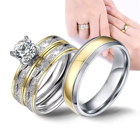 Titanstahl Ring Zweifarbig Mattiertes Wellenmuster Zirkonia Inlay Paar Hochzeitsband Mode Accessoire