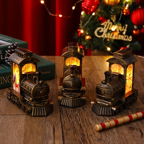 Weihnachts Vintage Zug Laterne Dekoration LED Warmes Licht Mikro Landschaft PVC Antik Stil Festliches Tischdekor