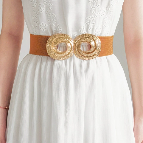Women Wide Elastic Waist Belt Corset Gold Metal Buckle Spiral Texture Retro Elegant Dress Accessory