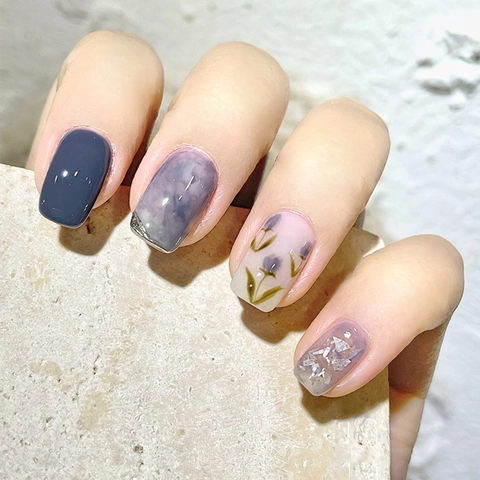 Press On Nails Short Square Camellia Tulip Floral Gradient Smudge Marble Elegant Gentle False Nails For Women