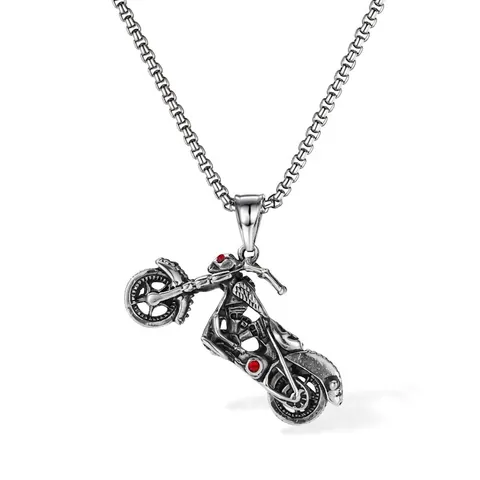 Motorcycle Pendant Necklace Stainless Steel Retro Punk Hip Hop Industrial Style With Red Zirconia For Men