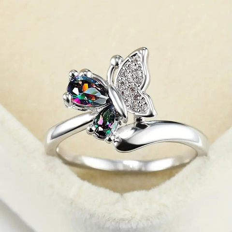 Anello Farfalla In Rame Con Zirconia E Pietre Iridescenti Taglio A Pera Gioielli Romantici E Dolci Per Donna