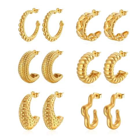 Stainless Steel Textured C Shaped Hoop Earrings Retro Metal Beaded Heart Braided Geometric Accessories For Women