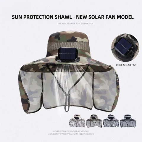 Camouflage Solar Fan Bucket Hat With Wide Brim Neck Flap UV Protection Cooling Fishing Hiking Outdoor Sun Cap