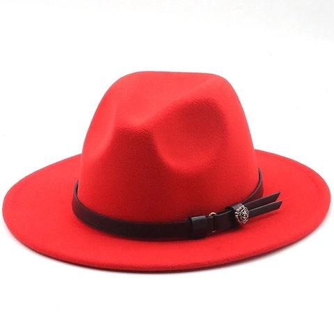 Wide Brim Fedora Hat Wool Felt Jazz Cap With Leather Band Silver Rose Buckle Elegant Retro Style For Women Men