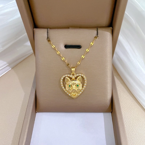 Collana Con Pendente A Cuore Catena In Acciaio Inossidabile Micro Pavè Di Rame Testa Di Pantera Occhi In Zirconia Verde