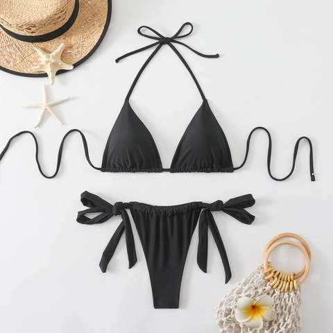 Bikini Halter Neck Top And Side Tie Triangle Bottom Solid Color Sexy Bathing Suit Women Beachwear Swimsuit