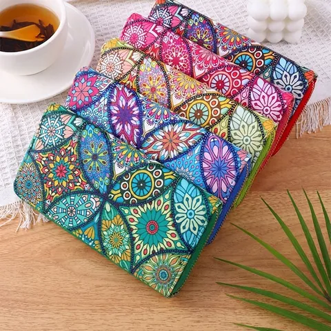 Mandala Print Long Zip Around Wallet For Women Bohemian Ethnic PU Leather Large Capacity Clutch Purse Card Holder