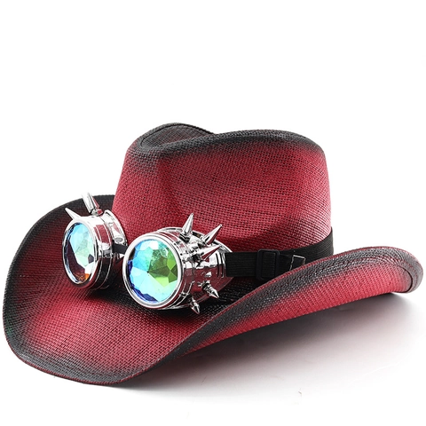 Steampunk Western Cowboyhoed Ombre Rood Zwart Papierstro Gevlochten Met Spijkerbril Voor Heren Dames Cosplay Party