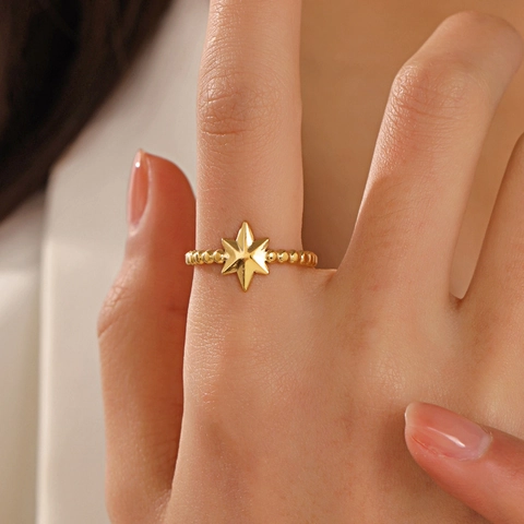 Anillo Abierto De Estrella De Acero Inoxidable Chapado En Oro Ajustable Banda De Cuentas Hexagrama Joyería Para Mujer