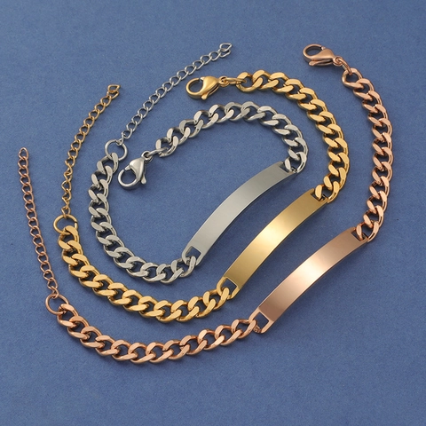 Pulsera ID Eslabones Cubanos Acero Inoxidable Placa Barra Pulida Joyería Hip Hop Para Hombre Mujer Minimalista Brillo