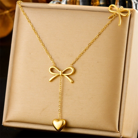 Collana In Acciaio Inossidabile Placcato Oro Elegante Forma A Y Fiocco Ciondolo A Cuore Per Donne
