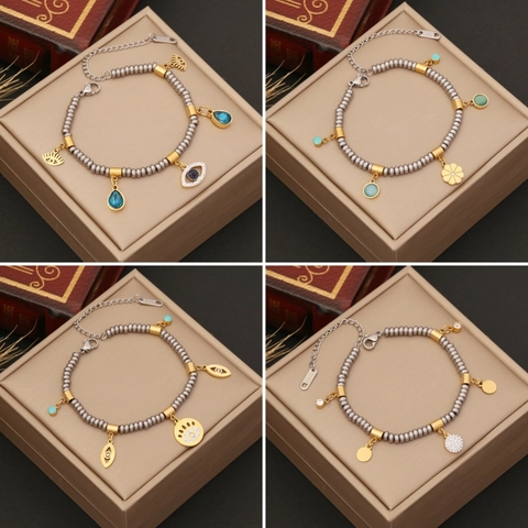 Fashion Stainless Steel Beaded Bracelet Evil Eye Water Drop Flower Charms Adjustable Jewelry For Women