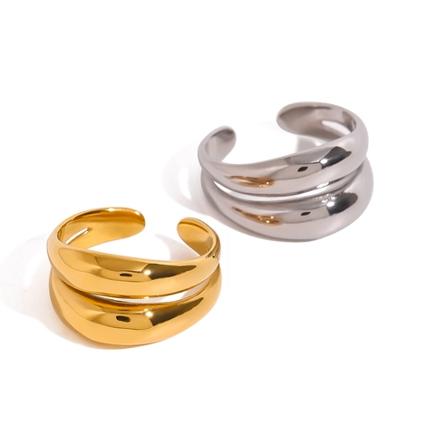 Anillo Abierto de Doble Capa de Acero Inoxidable Vintage para Mujer Chapado en Oro Plata Minimalista Ajustable