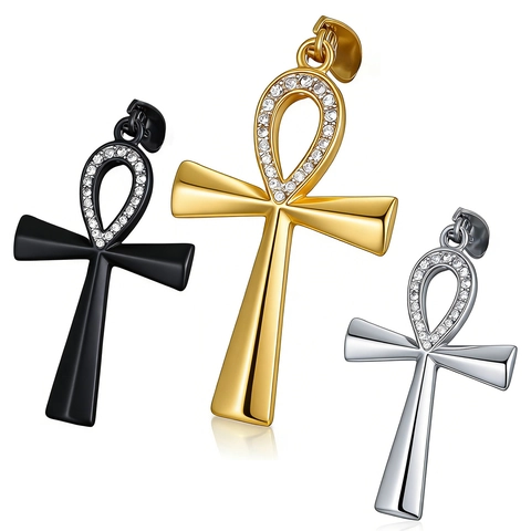 Ankh Cross Pendant Necklace Stainless Steel Rhinestone Egyptian Life Symbol Polished Jewelry For Men Women
