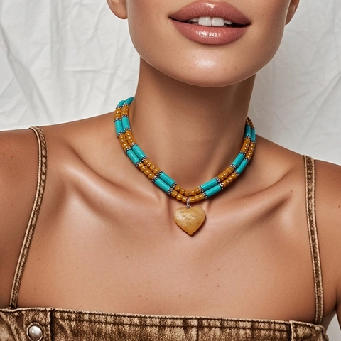 Double Layer Beaded Necklace Bohemian Vintage Turquoise Plastic Heart Pendant Clavicle Chain Jewelry For Women