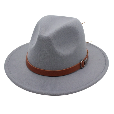 Sombrero Fedora De Estilo Británico Vintage Ala Ancha Fieltro Jazz Gorra Con Cinturón De Cuero Y Hebilla De Metal