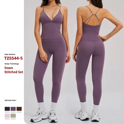 Polyamide Elastane Women Yoga Fitness Outfits High Waist Leggings And V Neck Strappy Back Vest