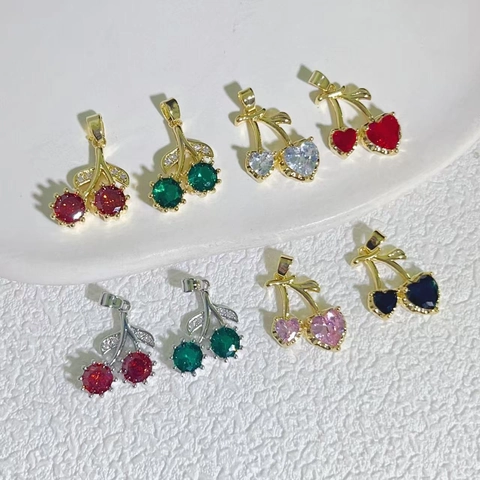 Pendente Ciliegia Frutta Rame Placcato Oro 18K Cuore Rotondo Zircone Gemma Stile Coreano Gioielli Dolce Accessorio DIY Donne