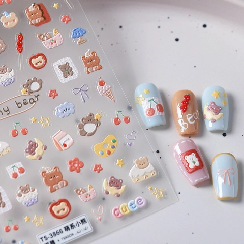 Autocollants Ongles Relief 5D Ours Dessin Animé Auto Adhésif Décoration DIY Manucure Design Macaron Mignon Pour Femme