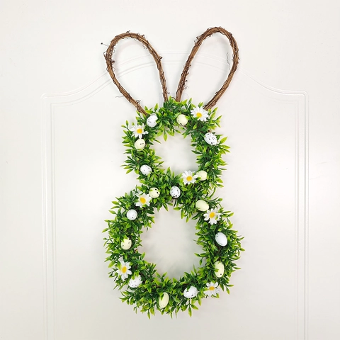 Easter Bunny Wreath Artificial Green Leaves Rattan Ears Speckled Eggs Daisy Flower Front Door Wall Hanging Spring Decor
