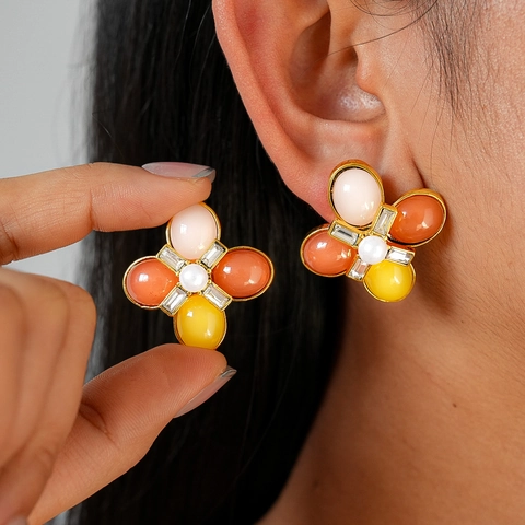 Pendientes De Botón Flor Retro Con Poste De Plata Aleación Resina Pétalos Coloridos Perla Artificial Imitación Circón Para Mujer