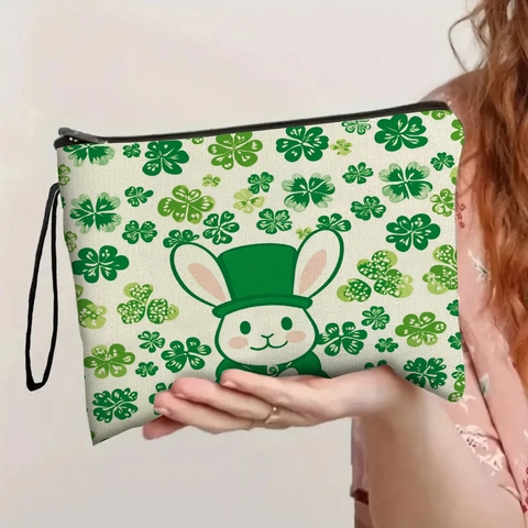 St Patricks Day Makeup Bag Linen Cosmetic Pouch Zipper Wristlet Green Clover Rabbit Pattern Portable Toiletry Organizer