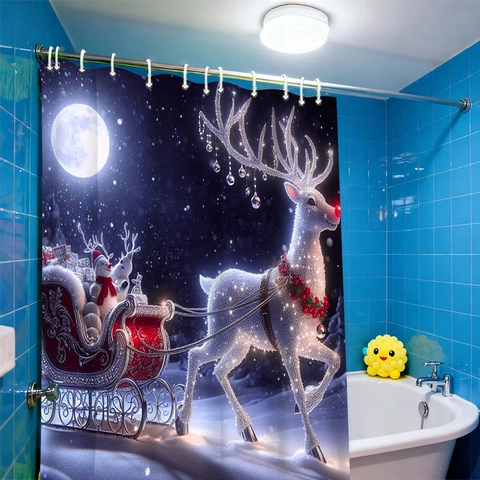 Weihnachten Duschvorhang Wasserdichtes Polyester Rentier Schlitten Schneemann Mondnacht Druck Bad Dekoration Mit Haken