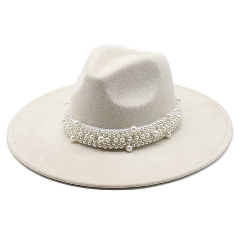 Elegante Cappello Fedora A Tesa Larga Scamosciato Feltro Di Lana Fascia Di Künstliche Perle Stile Jazz Vintage Donna