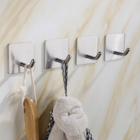 Ganchos Adhesivos De Pared De Acero Inoxidable Colgador Sin Perforación Para Baño Cocina Negro Mate Plata Cepillado Moderno