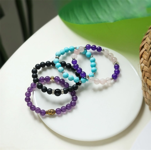 Natural Stone Beaded Bracelet Amethyst Rose Quartz Turquoise Matte Agate Elastic Handmade Buddha Head Unisex Jewelry Gift