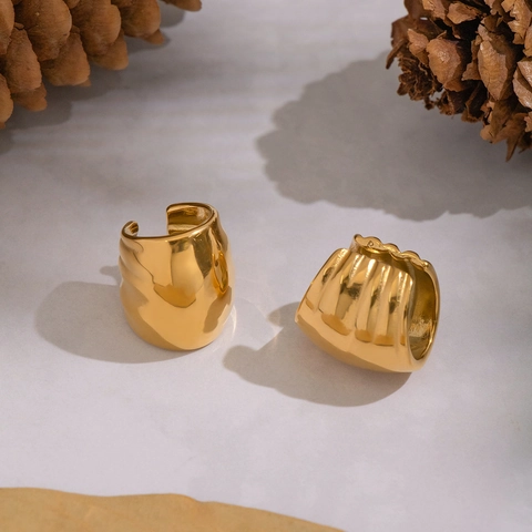 Ear Cuff Ovali Geometrici Acciaio Inossidabile Placcato Oro Senza Buco Trama Ondulata Gioielli Minimalisti Per Donna
