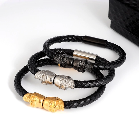 Pulsera De Cuero Trenzado Con Calaveras Gemelas Y Cierre Magnético De Acero Inoxidable Joyería Punk Rock Para Hombres Mujeres