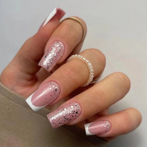 French Tip Press On Nails White Silver Glitter Square Glossy Artificial Nails For Women Simple Manicure Accessory