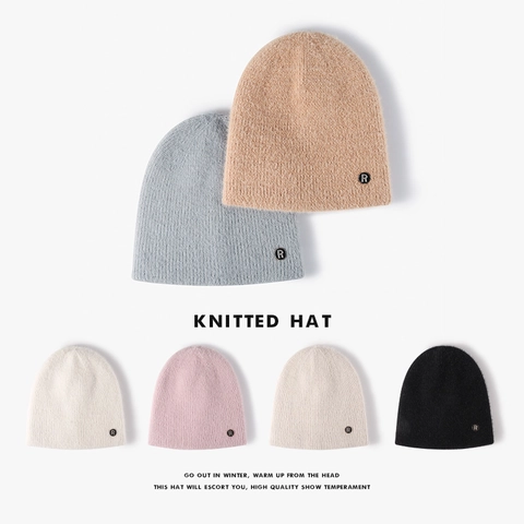 Bonnet En Tricot D'Hiver Pour Femmes Fausse Fourrure De Lapin Fil De Plume Épais Chaud Doux Peluche Lettre R Décor Mode