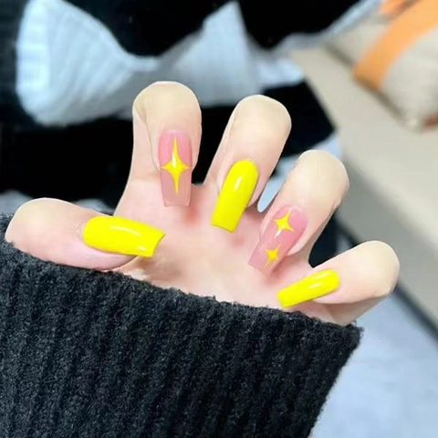 Unghie Finte Lunghe Coffin Giallo Limone Stile Caramella Motivo Stella Lucide Unghie Artificiali Per Donne Ragazze