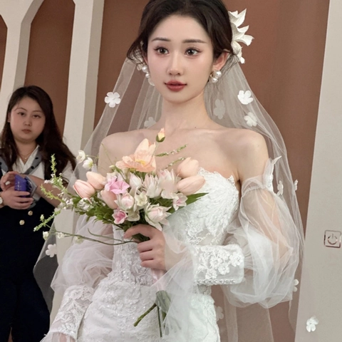 Bridal Veil Short Double Layer Tulle With Imitation Artificial Pearl Flower Decor For Wedding French Style Creamy White Women