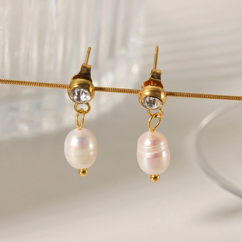 French Vintage Baroque Freshwater Pearl Stud Earrings With Stainless Steel Earring Post And Rhinestone For Women