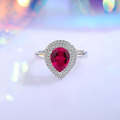 Druppelgeslepen Rood Blauw Edelsteen Ring 925 Sterling Zilver Dubbele Halo Zirconia Elegante Luxe Sieraden Voor Dames