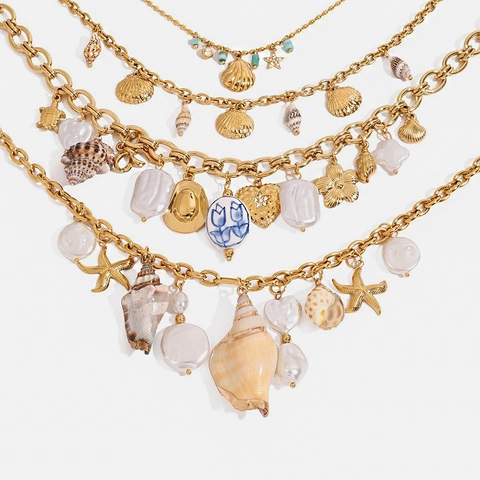 Stainless Steel Shell Starfish Pendant Necklace Gold Plated Artificial Pearl Bohemian Beach Vacation Summer Jewelry For Women