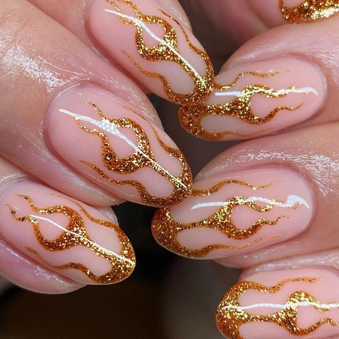 Uñas Postizas De Almendra Rosa Nude Con Patrón De Llama De Purpurina Dorada Uñas Largas Para Mujeres Arte De Manicura