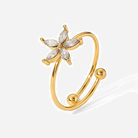 French Retro Flower Open Ring Stainless Steel 18K Gold Plated Marquise Zircon Adjustable Vintage Jewelry For Women