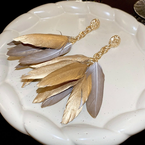 Vintage Exaggerated Feather Tassel Earrings With 925 Sterling Silver Earring Post Bohemian Style Gold Metal For Women