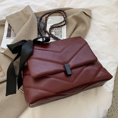 Borsa A Tracolla Trapuntata A V Con Grande Fiocco Di Raso Pelle PU Tracolla A Catena Elegante Versatile Borsa Da Donna