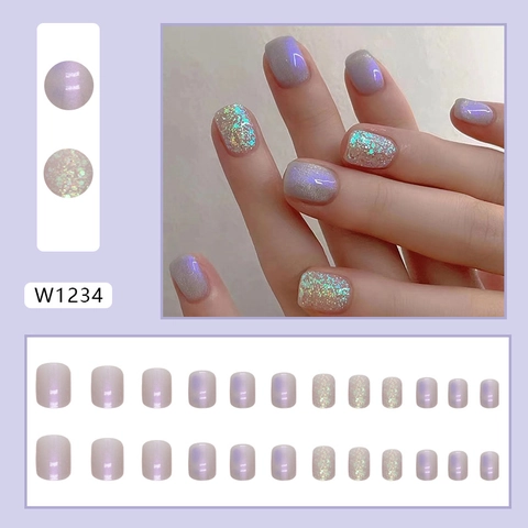 Aurora Purple Press On Nails Gradient Glitter Shimmer Short Square Round Artificial Fingernails For Women
