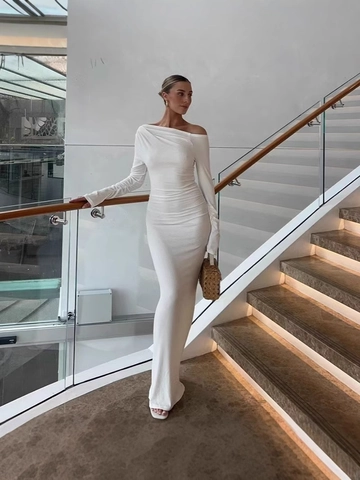 Abito Maxi Monospalla A Maniche Lunghe Arricciato Sexy Vestibilità Aderente Poliestere Elastan Elegante Abito Da Sera Per Donna
