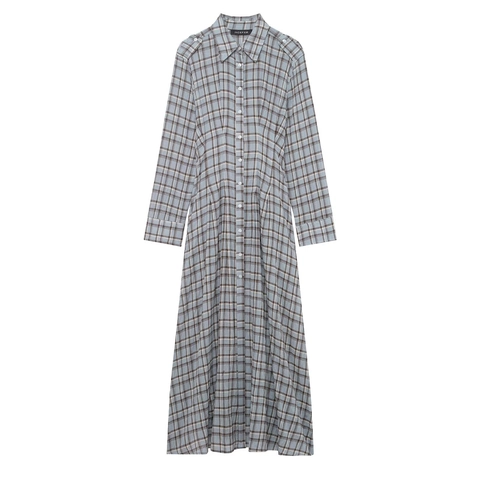 Vestito A Camicia A Quadri Maniche Lunghe Abbottonato Revers Vita Alta Poliestere Intrecciato Casual Dolce Moda Donna