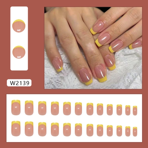 Uñas Postizas Press On French Tip Plástico ABS Brillante Cuadradas Nude Amarillo Vibrante Simple Moda Mujeres