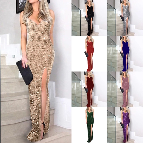 Women Sexy V Neck Sequin Evening Gown Sleeveless Satin Backless Formal Party Maxi Dress High Slit Elegant Prom Dress