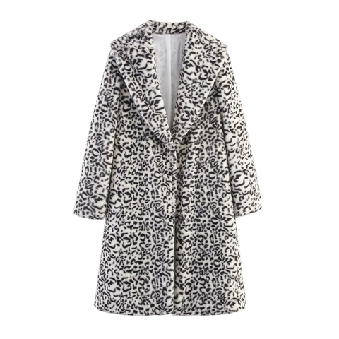 Dames Luipaardprint Faux Bontjas Halflang Revers Lange Mouwen Warme Winterjas Bovenkleding